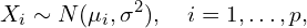 \[X_i \sim N(\mu_i, \sigma^2), \quad i = 1, \dots, p,\]