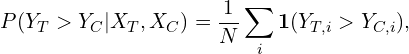 \begin{equation*} P(Y_T>Y_C|X_T,X_C) = \frac{1}{N}\sum_i\mathbf{1}(Y_{T,i}>Y_{C,i}),\end{equation*}