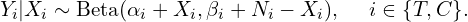 \begin{equation*} Y_i | X_i \sim \text{Beta}(\alpha_i+X_i, \beta_i+N_i-X_i), \hspace{.5cm} i\in\{T,C\}  .\end{equation*}