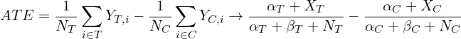 \begin{equation*} ATE = \frac{1}{N_T}\sum_{i \in T}Y_{T,i} -  \frac{1}{N_C}\sum_{i \in C}Y_{C,i} \rightarrow \frac{\alpha_T+X_T}{\alpha_T+\beta_T +N_T} - \frac{\alpha_C+X_C}{\alpha_C+\beta_C +N_C} \end{equation*}