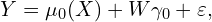 \[Y = \mu_0(X) + W \gamma_0 + \varepsilon,\]